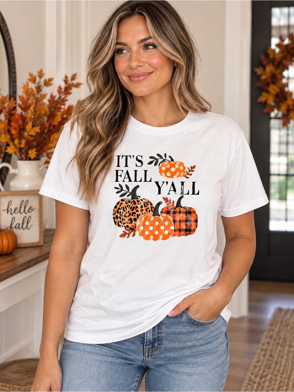 Women's It's Fall Y'all Pumpkin Fall Halloween Thanksgiving Shirt White